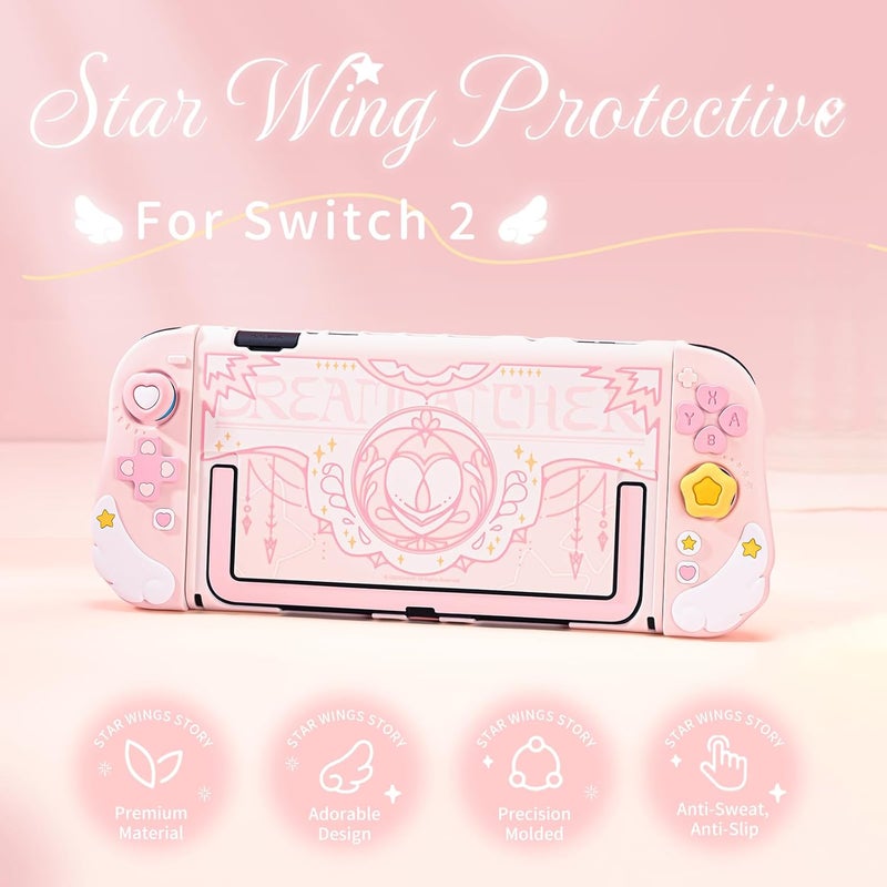 GEEKSHARE Protective Case Set Compatible with switch 2, PC Back Plate with Silicone Joysticks Covers, Includes 2 Thumb Grips, Waterproof Protection - Star Wing Series (Pink) - Image 3